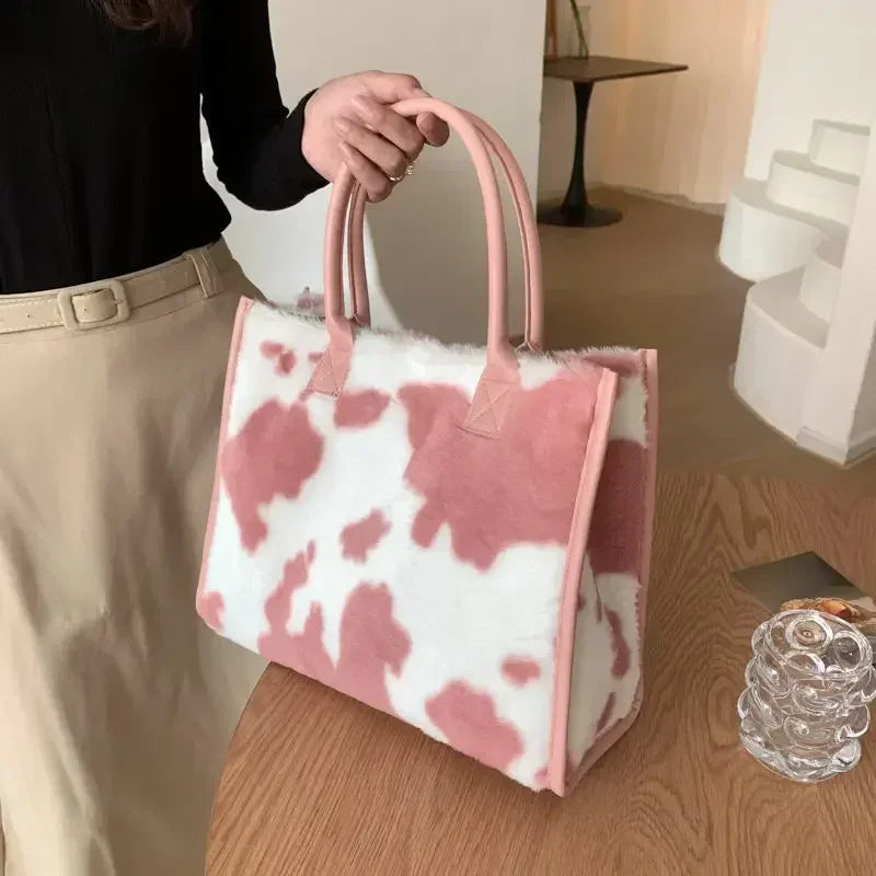 Damen Handtasche aus Weichem Plüsch – Winter Tote mit Leoparden- & Kuhmuster | Flauschige PU Leder Unterarm Schultertasche