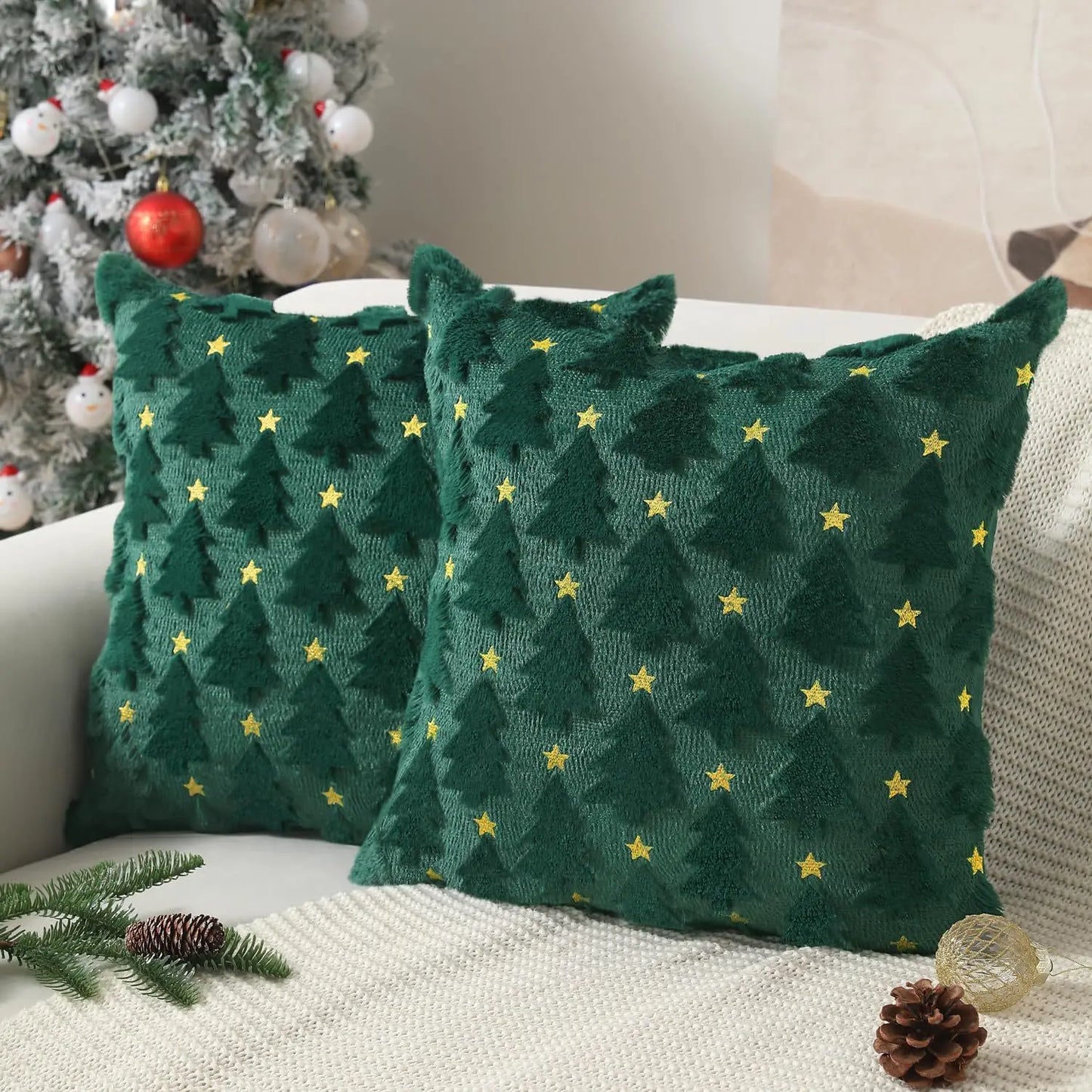 45x45cm Weihnachts Kissenbezug – Gestepptes Plüsch Design | Stern & Tannenbaum Motiv Sofakissen Bezug für Wohnzimmer Deko Kaufschwan® Grün 45x45cm