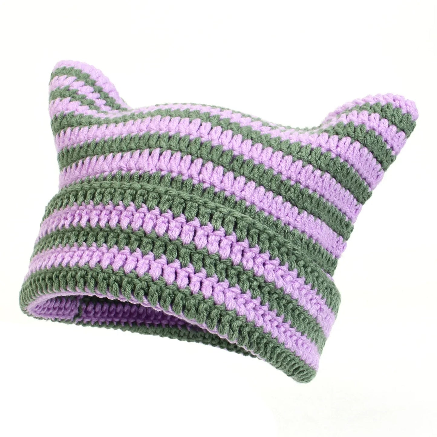 Häkelmütze mit Katzenohren – Weiche Acryl Wintermütze für Damen | Gestreifte Warme Beanie Mütze Geschenk Kaufschwan® Lila - Grün
