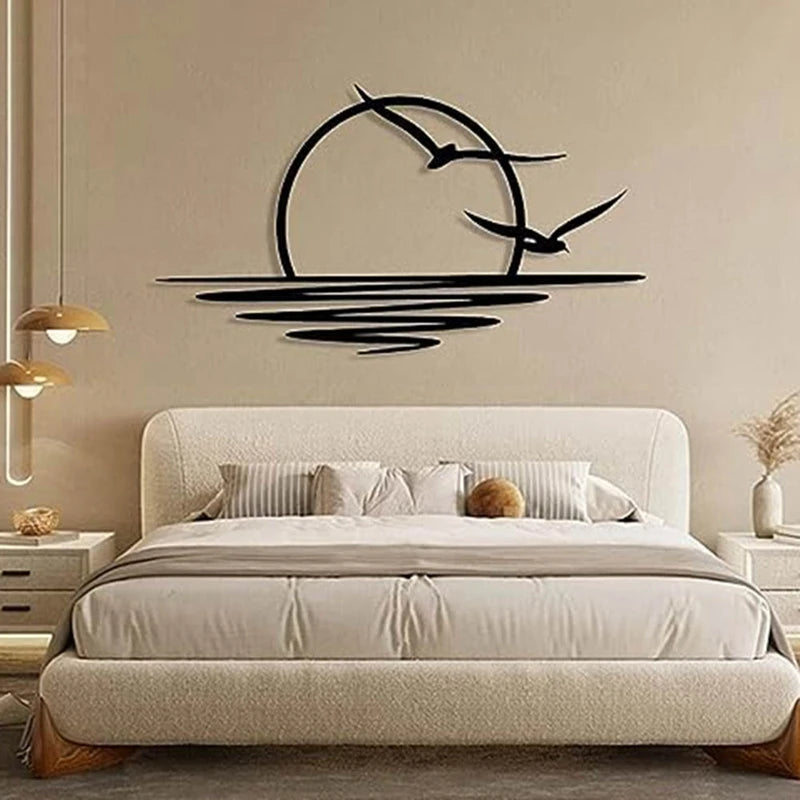 Sonnenaufgang Metall Wandbild – Sonne und Möwen Minimalistisches Linien Design 30x16 cm Kaufschwan®