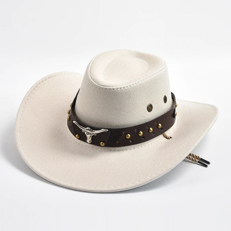 Künstlicher Wildleder Western Cowboy Hut – Vintage Großkrempe Gentleman & Cowgirl Jazz Hut, Feiertage, Party & Cosplay Kaufschwan® Elfenbein 56-58cm