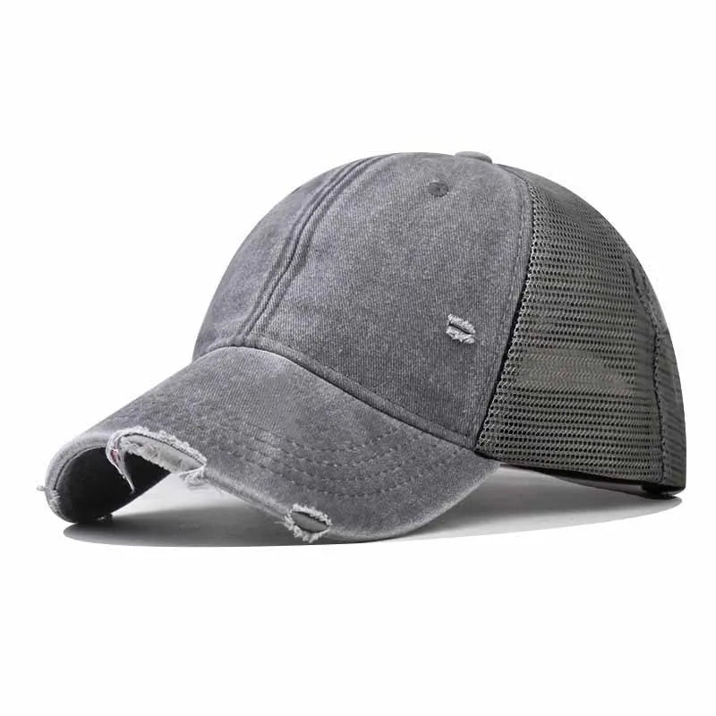 Washed Cotton Mesh Baseballkappe | Vintage Ripped Leichte Baseballcap für Herren & Damen | Atmungsaktive Frühlings- & Sommermode Kaufschwan® Grau