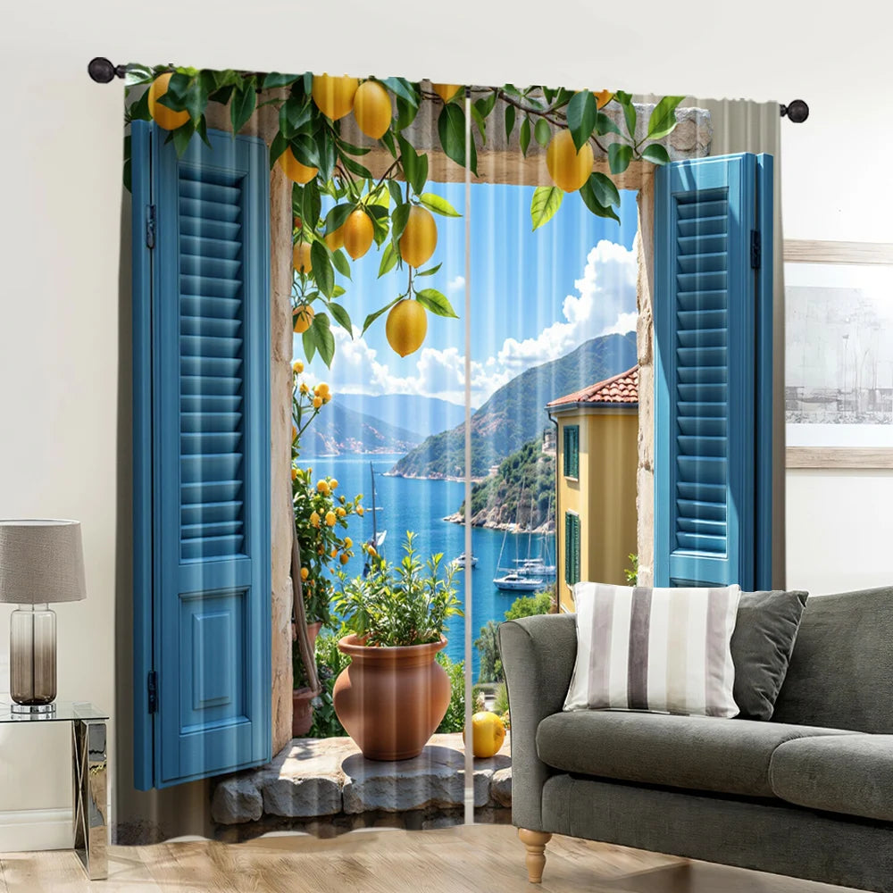 Retro Meereslandschaft Vorhang mit Print Polyester für Wohnzimmer Schlafzimmer Dekoration 2 Stück/Set Kaufschwan®