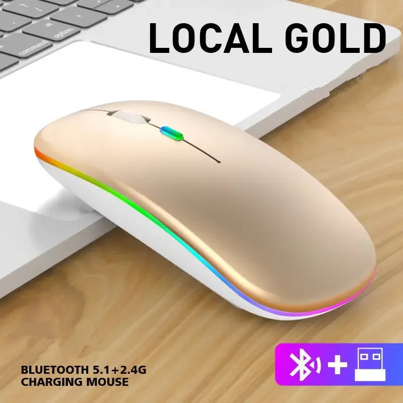 2.4GHz & Bluetooth 5.2 Kabellose Leuchtende Maus – USB Wiederaufladbare 1600DPI Tragbare Gaming Maus für Tablet, Handy & Computer Kaufschwan® Gold