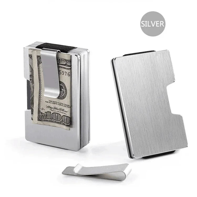 RFID Kreditkartenhalter – Minimalistische Schlanke Metall Geldbörse mit Geldklammer | Luxus Edelstahl & Aluminium Mini Kartenetui für Herren Kaufschwan® Silber