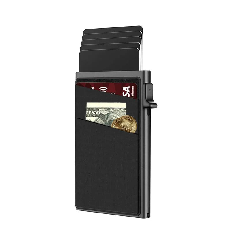 Anti-Diebstahl Kartenhalter – Minimalistische Smart Wallet mit RFID Schutz | Aluminium Metall Kartenbox Etui Kaufschwan® Schwarz