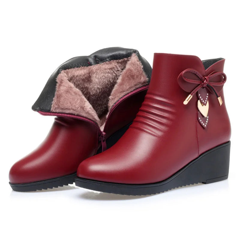 Damen Warme Baumwollschuhe – Weiche Leder Kunstfell Gefütterte Knöchelstiefel | Plateau Keilstiefel Rutschfest Kurzschaft Stiefel für Mütter Kaufschwan® Rot 35