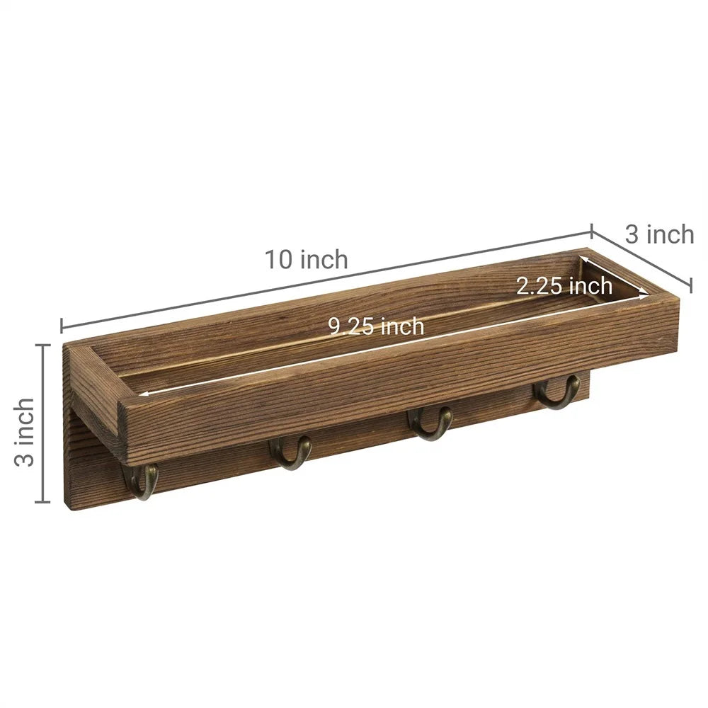 Schlüsselhalter aus Holz mit Ablage – Rustikaler Wand Organizer | Schwimmendes Regal mit 4 Metallhaken für Schlüssel, Leine, Sonnenbrille & Deko Kaufschwan®