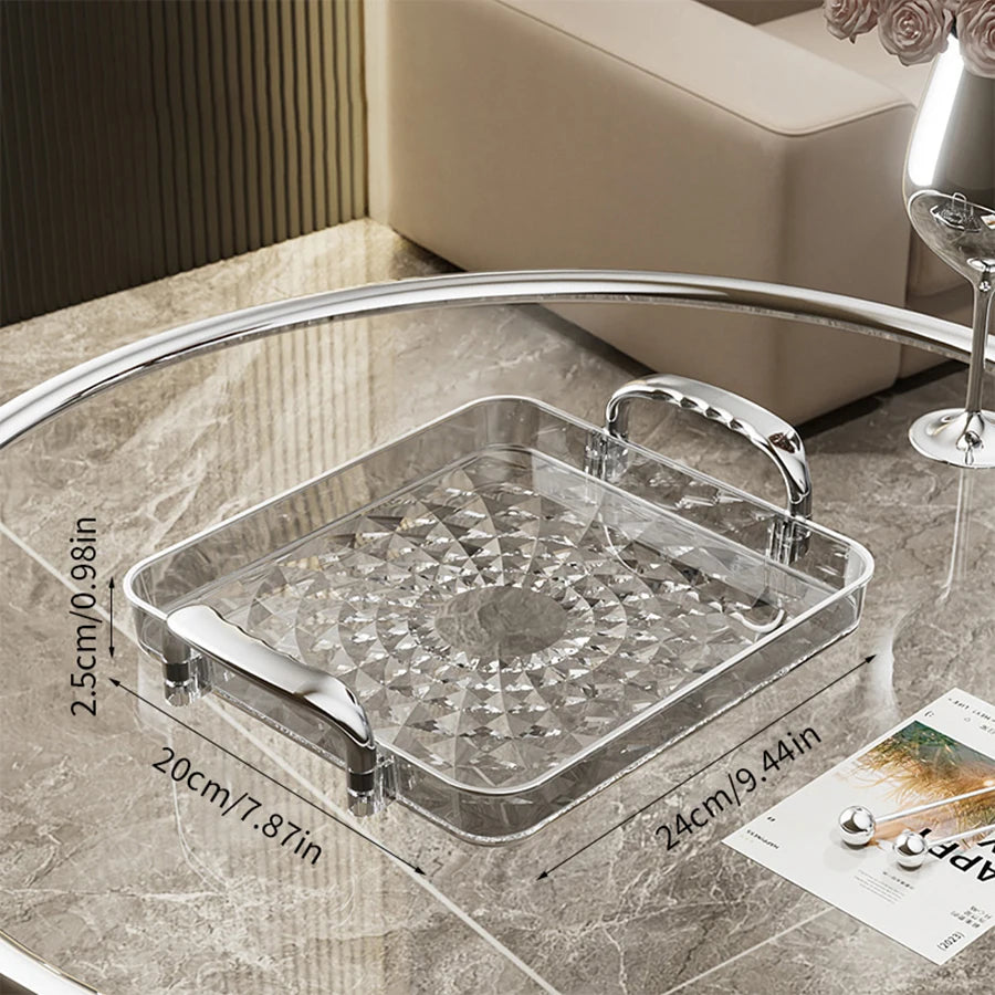 Transparentes Luxus-Serviertablett – Kunststoff Obst- & Desserttablett mit Griff, Dekoratives Aufbewahrungs- & Küchen-Organizer-Tablett Kaufschwan® Silber M