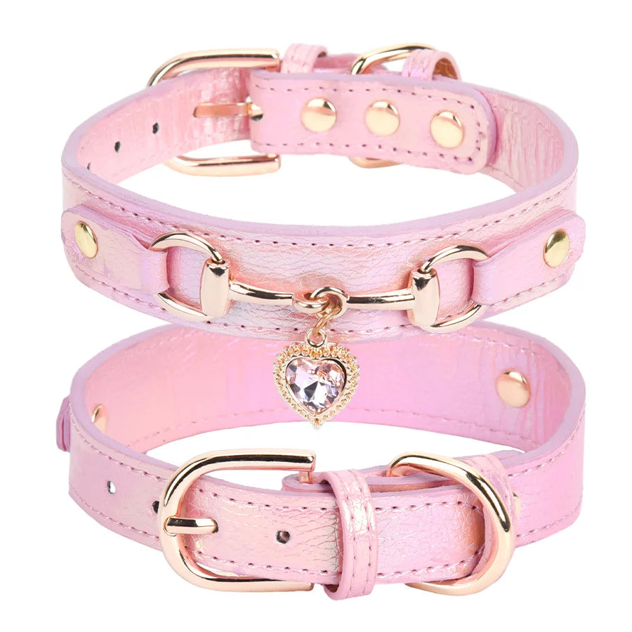 Glänzendes Strass Hundehalsband Love Design Leder Verstellbar Stilvolles Schmuck Halsband für Hunde Kaufschwan® Rosa XS