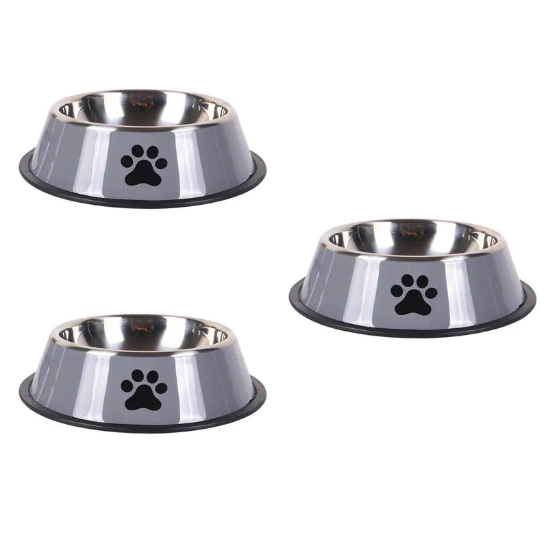 Edelstahl Haustier Futternapf – Rutschfeste Futterschüssel mit Pfoten-Design Kaufschwan® Grau - 3 Stück XS