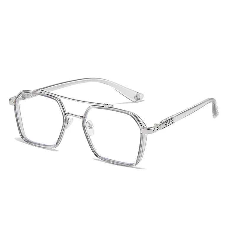 Doppelsteg Quadratische Anti-Blau-Licht Brille – Übergröße Transparente Vintage-Fassung für Damen & Herren | Modische Computerbrille Kaufschwan® Silber