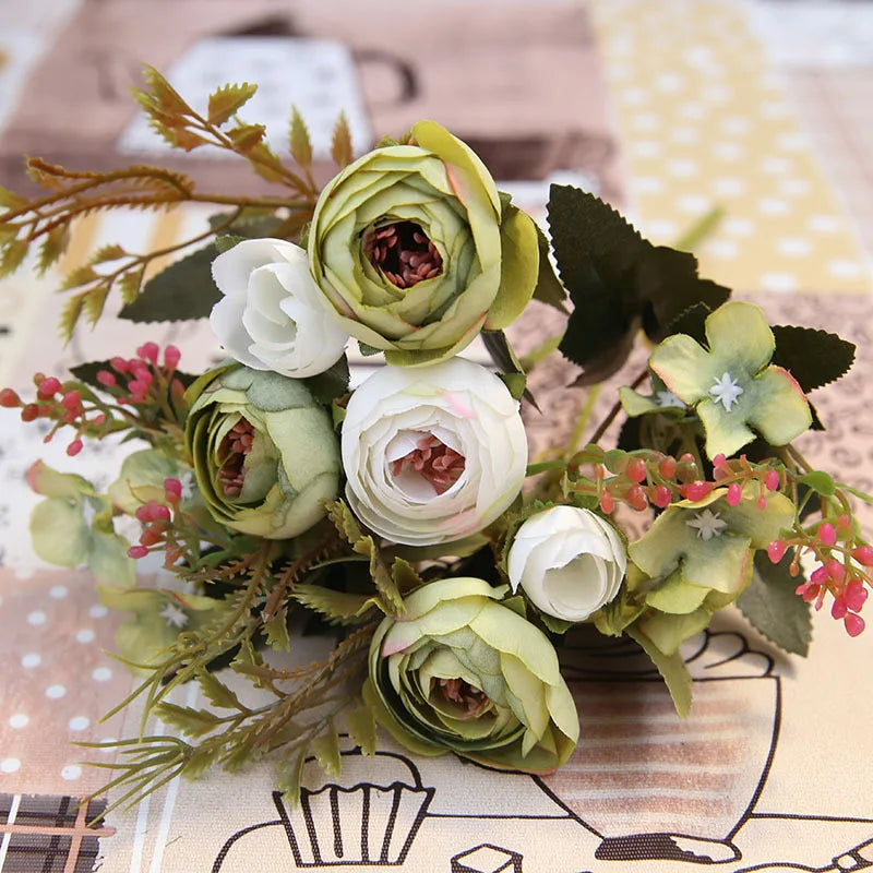 Herbstliche Künstliche Teerosen & Gerbera Seidenblumen – Kunstblumenstrauß für Hochzeit, Zuhause & Raumdekoration Kaufschwan® Weiß