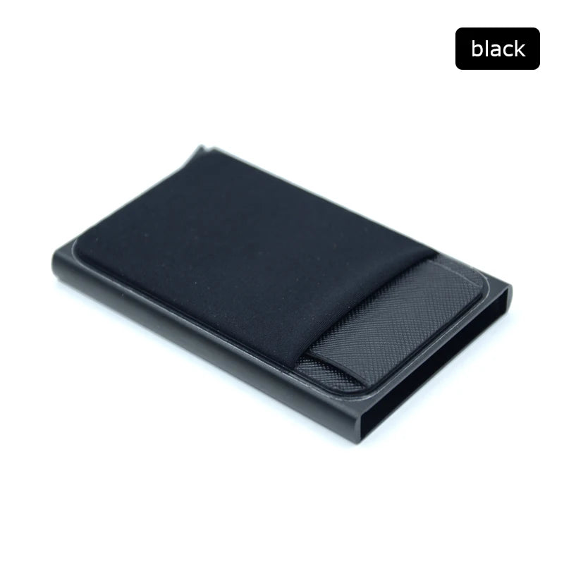 Metall Kartenhalter – Dünner Pop-Up Aluminium RFID Wallet mit Elastischer Rückentasche | ID & Kreditkartenhalter für Reisen Kaufschwan® Schwarz