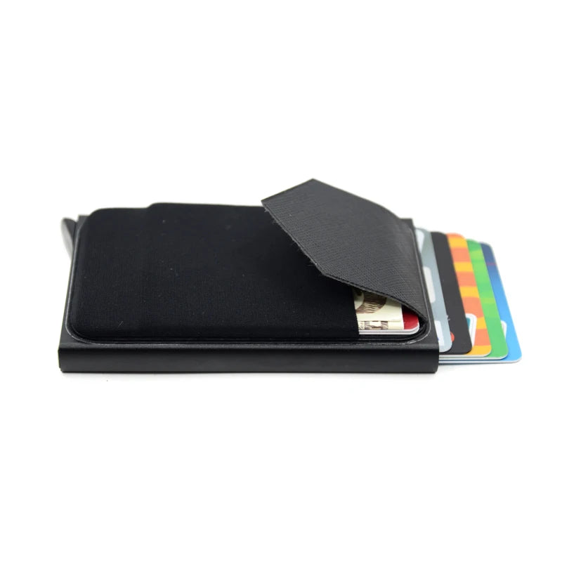 Metall Kartenhalter – Dünner Pop-Up Aluminium RFID Wallet mit Elastischer Rückentasche | ID & Kreditkartenhalter für Reisen Kaufschwan®