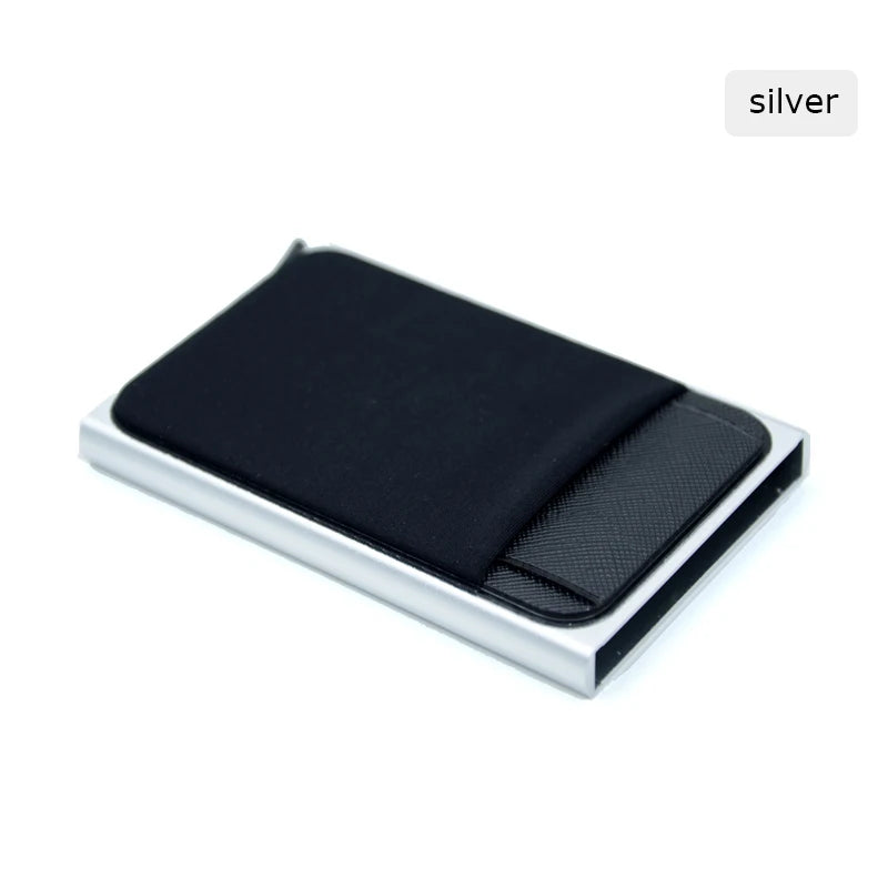 Metall Kartenhalter – Dünner Pop-Up Aluminium RFID Wallet mit Elastischer Rückentasche | ID & Kreditkartenhalter für Reisen Kaufschwan® Silber