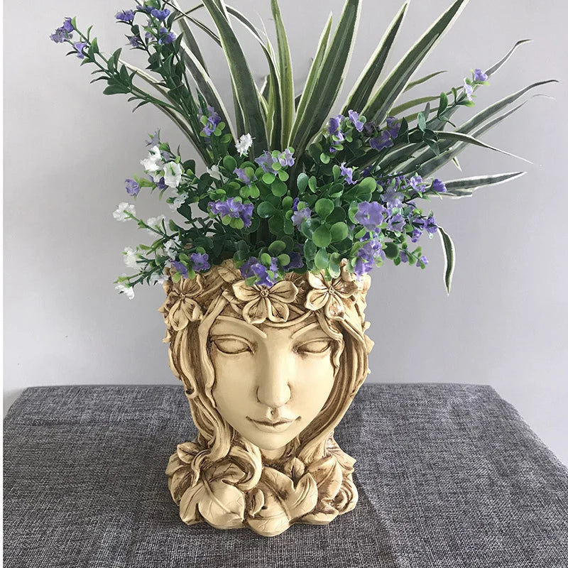 Retro Göttin Resin Blumentopf – Charakter Porträt Statue Kunst Sukkulenten Pflanztopf | Dekorativer Pflanzbehälter Kaufschwan® Beige