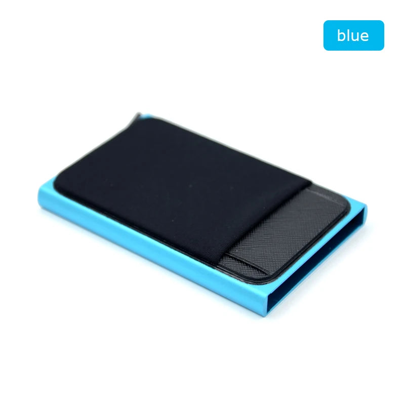 Metall Kartenhalter – Dünner Pop-Up Aluminium RFID Wallet mit Elastischer Rückentasche | ID & Kreditkartenhalter für Reisen Kaufschwan® Blau