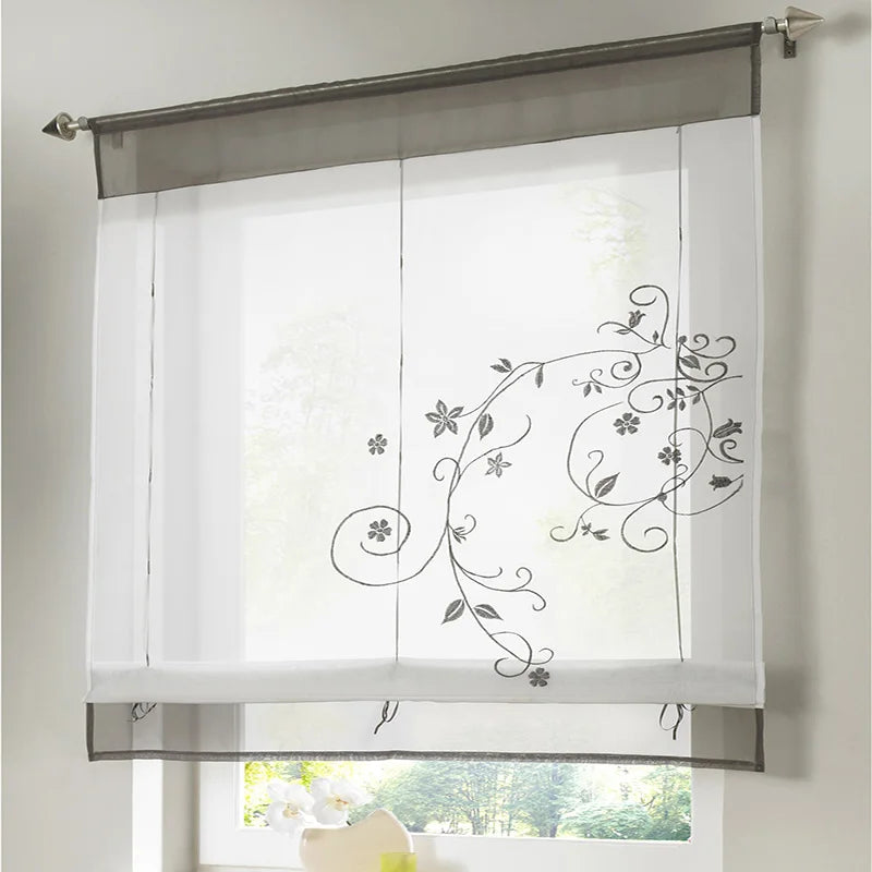 Floral Römischer Tüll Vorhang im Europäischen Stil für Küche Café Fenster Dekoration Kaufschwan® Weiß - Grau W100cmxH140cm