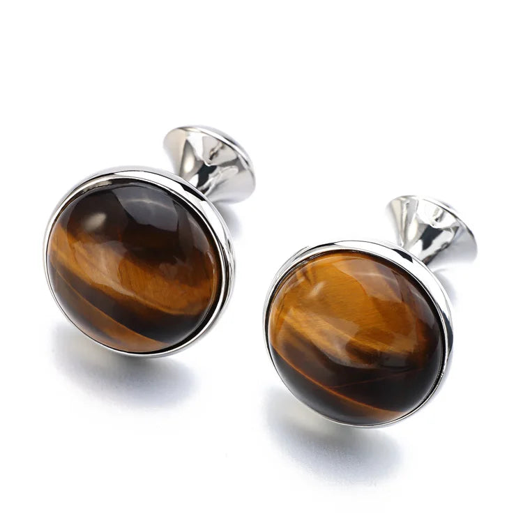 Herren Manschettenknöpfe mit Tigerauge Stein – Vergoldetes Runddesign | Luxus Stil Ärmelknöpfe für Hemden & Geschenkbox Kaufschwan® Silber