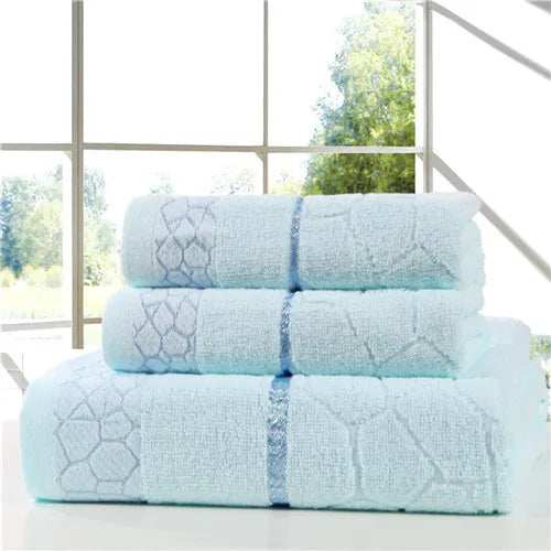 3-teiliges Baumwoll Handtuch Set – 2 Gesichtstücher (34×72cm) + 1 Großes Duschtuch (70×140cm) | Weich, Saugfähig & Stilvolles Rosa Geometrisches Design Kaufschwan® Blau 34*72* + 70*140cm