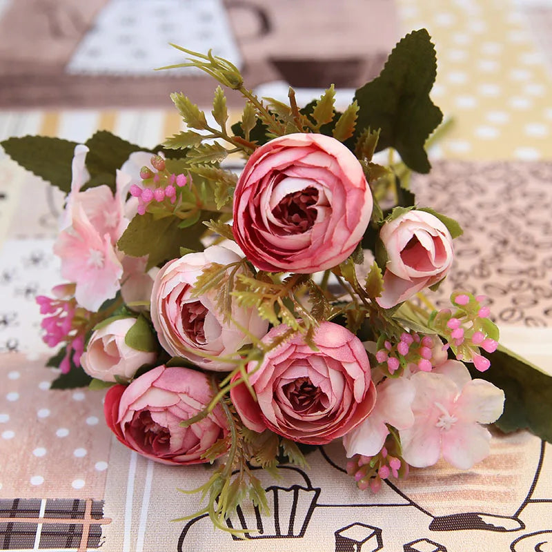 Herbstliche Künstliche Teerosen & Gerbera Seidenblumen – Kunstblumenstrauß für Hochzeit, Zuhause & Raumdekoration Kaufschwan® Rosa