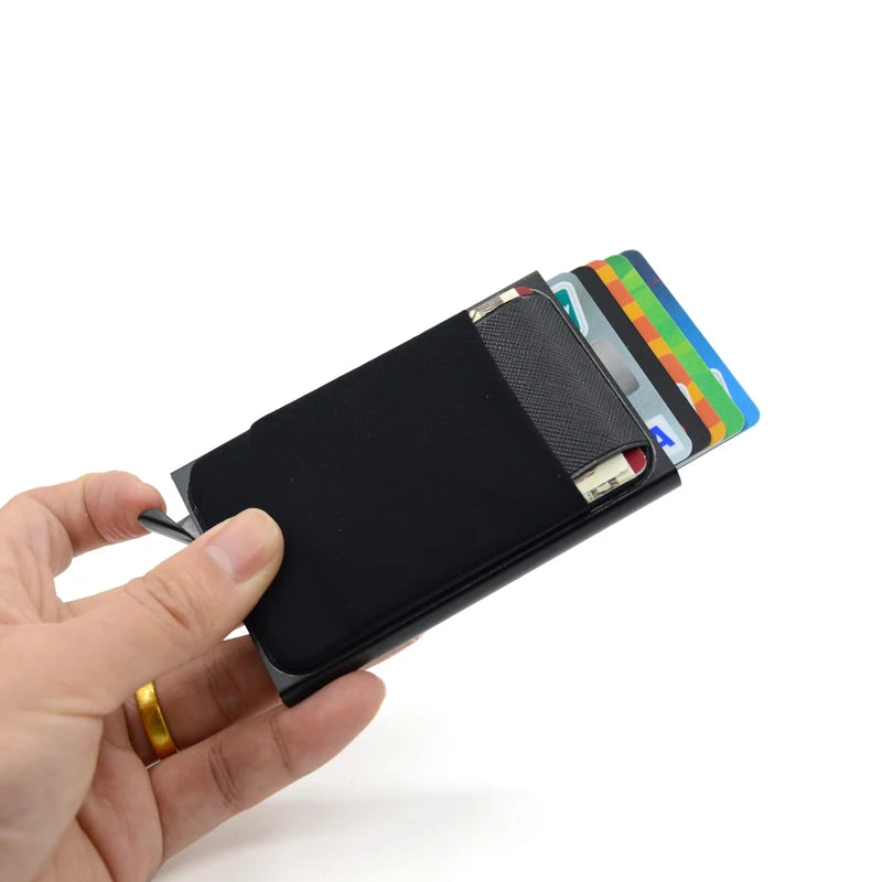 Metall Kartenhalter – Dünner Pop-Up Aluminium RFID Wallet mit Elastischer Rückentasche | ID & Kreditkartenhalter für Reisen Kaufschwan®