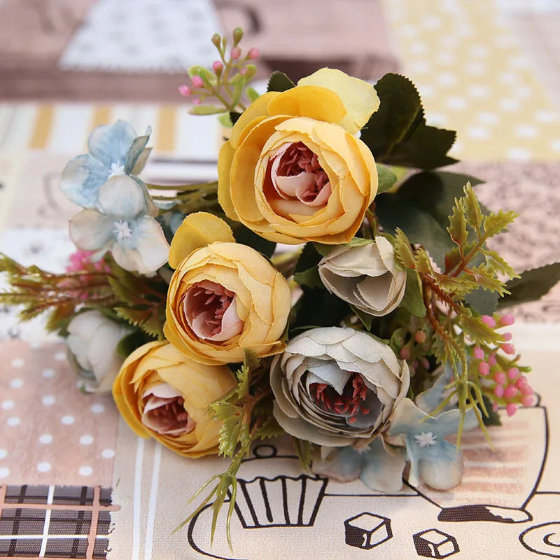 Herbstliche Künstliche Teerosen & Gerbera Seidenblumen – Kunstblumenstrauß für Hochzeit, Zuhause & Raumdekoration Kaufschwan® Gelb