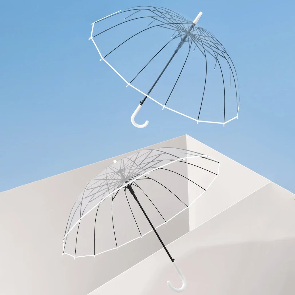 Transparenter Regenschirm – Windfester 16-Streben Langgriff-Schirm für Damen, Wasserdichter Großer Halbautomatischer Regenschirm Kaufschwan®