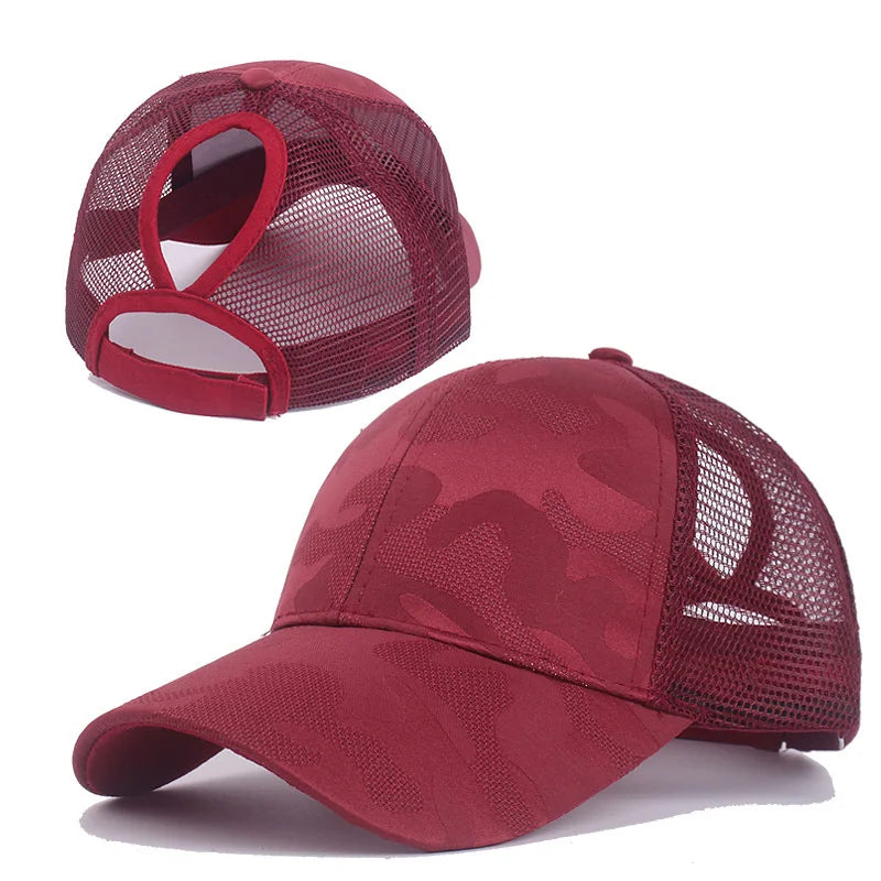 Sommer Camouflage Damen Zopf Cap | Damen Snapback Baseballkappe | Messy Hair Bun & Ponytail Freundlich Kaufschwan® Rot