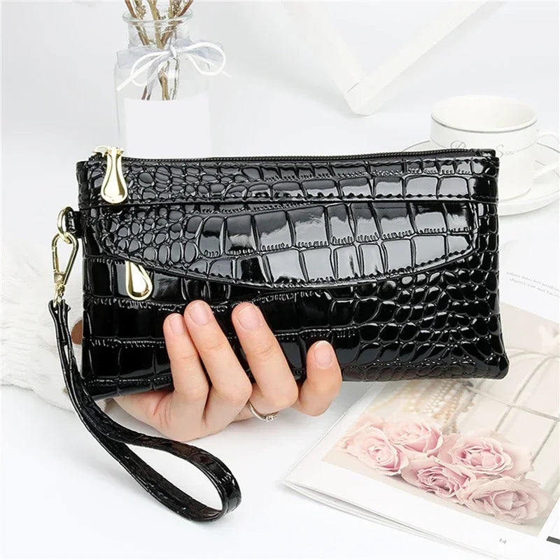 Damen Langbörse aus Leder – Doppelreißverschluss Clutch Tasche | Elegante Krokodil Muster Geldbörse in Rot Kaufschwan® Schwarz