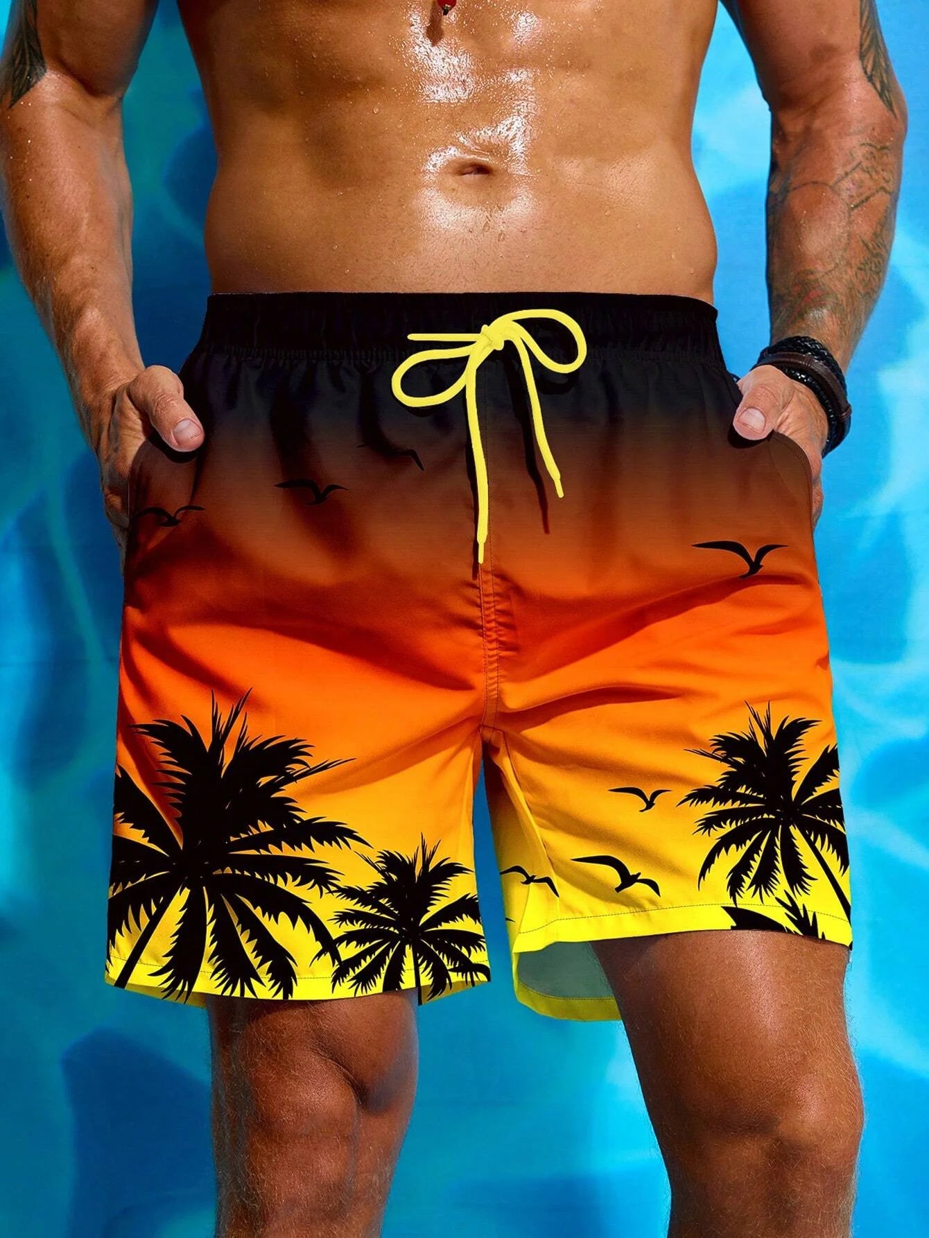Herren Badeshorts mit Palmenmuster – Sommer Boardshorts mit Kordelzug | 3D Druck Atmungsaktive Strandshorts Streetwear Kaufschwan® Orange-Schwarz L