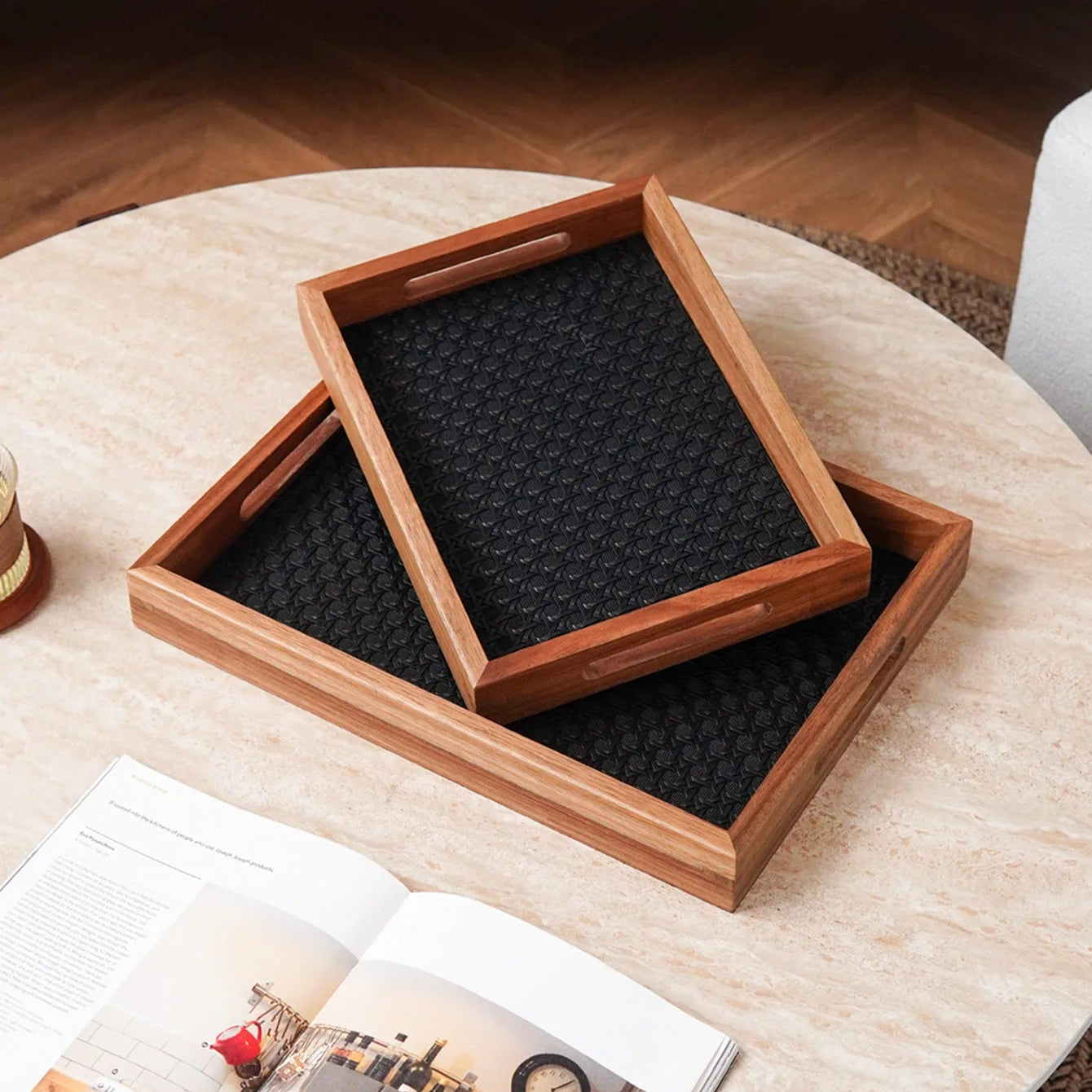 Leder-Tablett mit Bambusmuster & Akazienholz – Dekoratives Schmuck- & Aromatherapie-Tablett für Zuhause & Geschenkideen Kaufschwan®