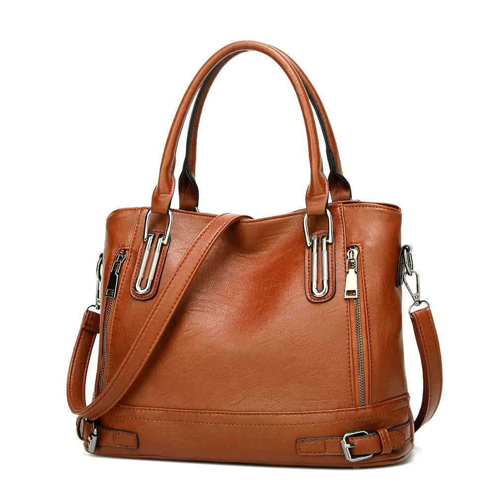 Retro Damen Handtasche – Motorrad Stil Tote Bag aus Weichem PU Leder | Große Casual Schulter- & Crossbody Tasche Kaufschwan® Braun