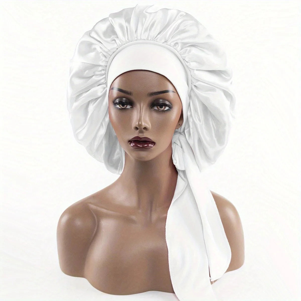 Breite Satin-Schlafhaube für Damen – Elastische Nachthaube mit Langem Bindeband für die Haarpflege