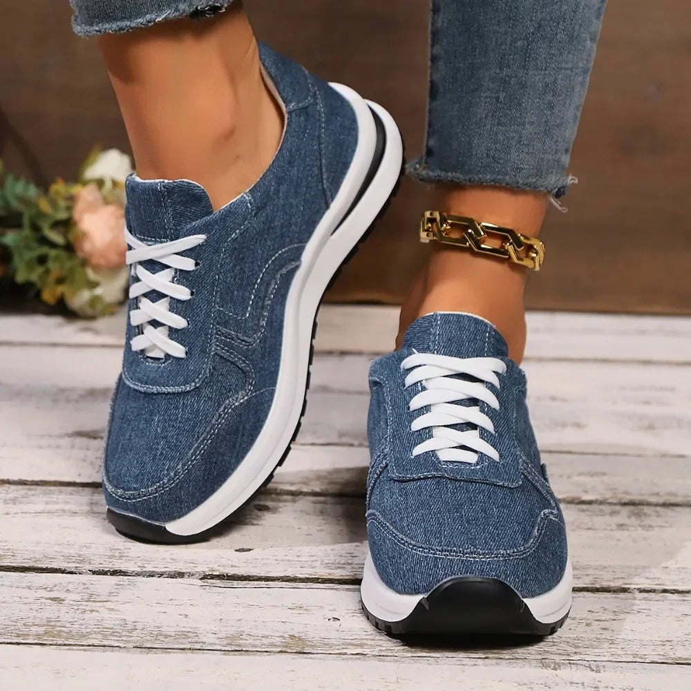Blaue Damen Plateau-Sneaker – Modische Schnürschuhe mit Dicker Sohle | Bequeme Freizeit-Sneaker in Übergrößen bis 43 Kaufschwan®