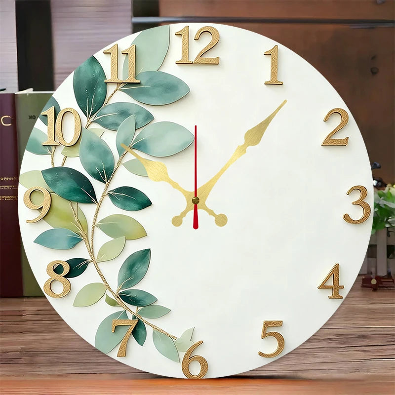 Grüne Blätter Holz Wanduhr – Leise Quarz Natur Deko Uhr Kaufschwan®