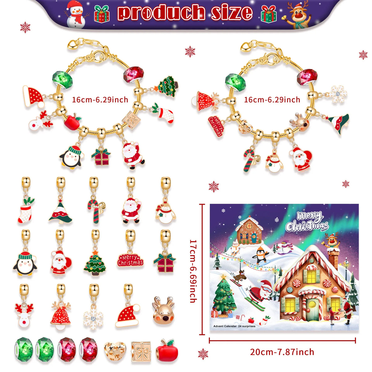 Weihnachts-Adventskalender mit Armband-Bastelset – Schneemann- & Weihnachtsmann-Geschenkbox für Mädchen