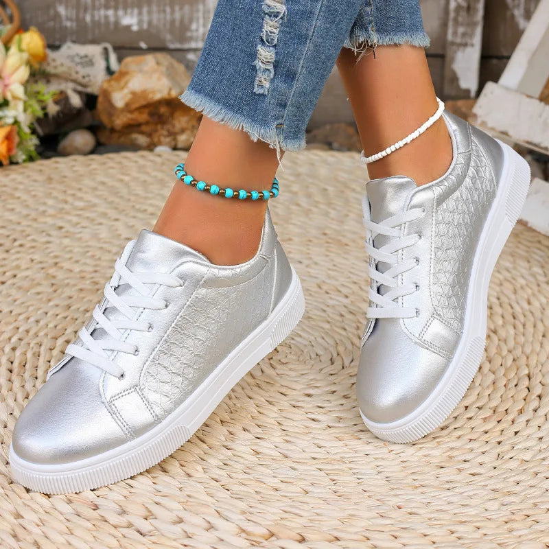 Damen Sneaker in Gold & Silber | Frühling & Herbst Schnürschuhe aus Weichem PU Leder | Modische Freizeitschuhe Kaufschwan®