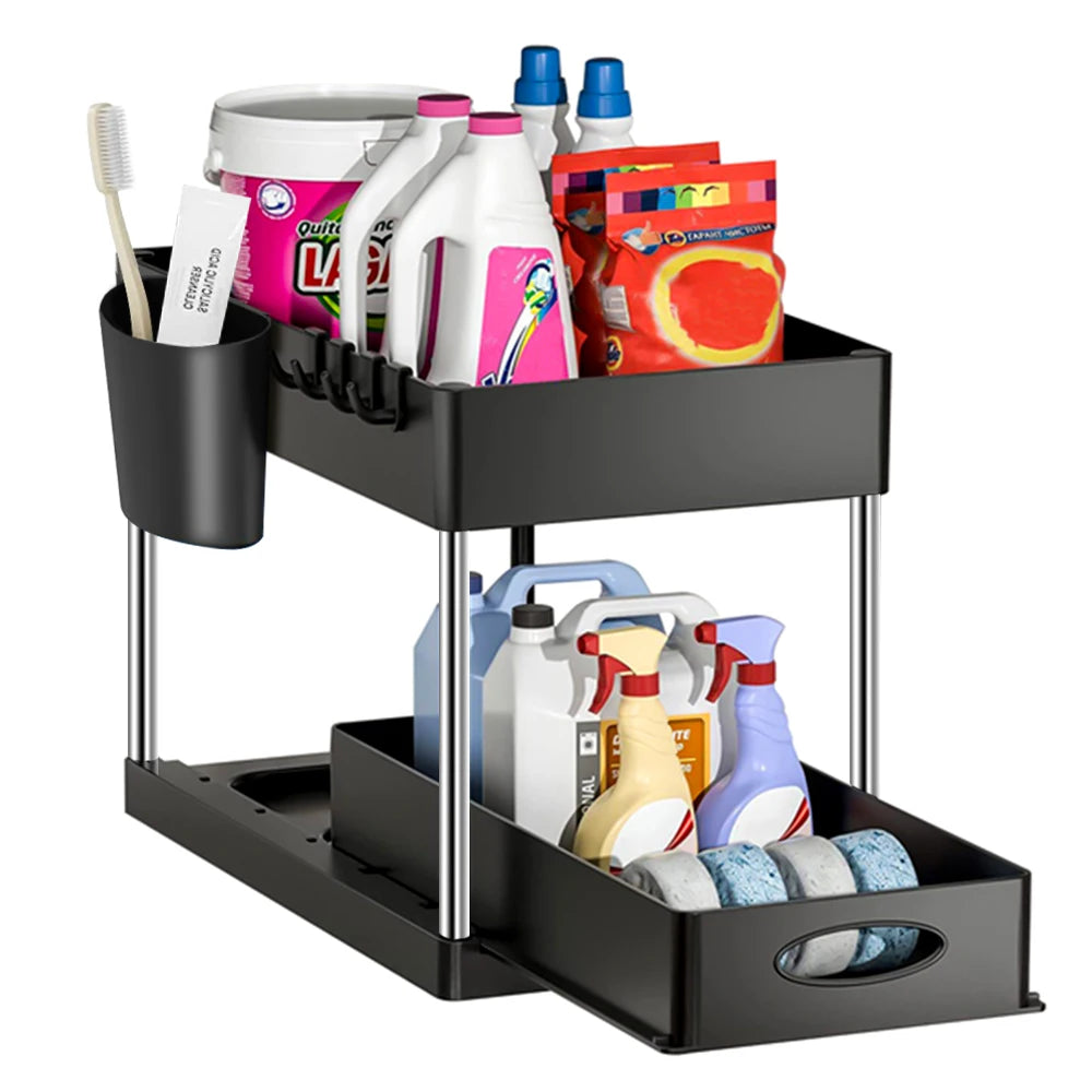 2-stufiger Unter-Spülbecken Organizer – Schiebbares Schrankregal mit Körben, Haken & Becher | Bad & Küchen Aufbewahrung Kaufschwan® Einzelschublade + Behälter