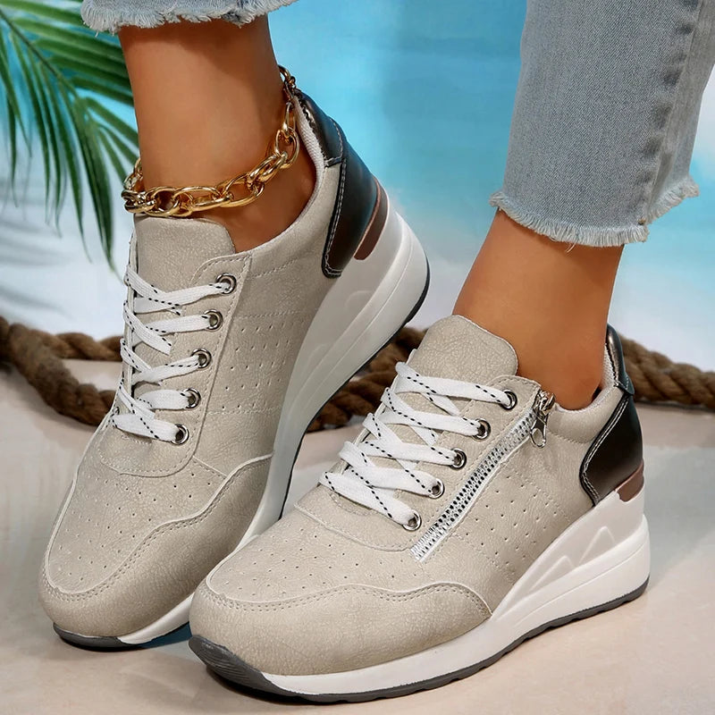Damen Keil-Sneaker – Frühling Schnürschuhe mit Plateau-Sohle | Leichte, Rutschfeste Freizeit-Schuhe Kaufschwan® Beige 36