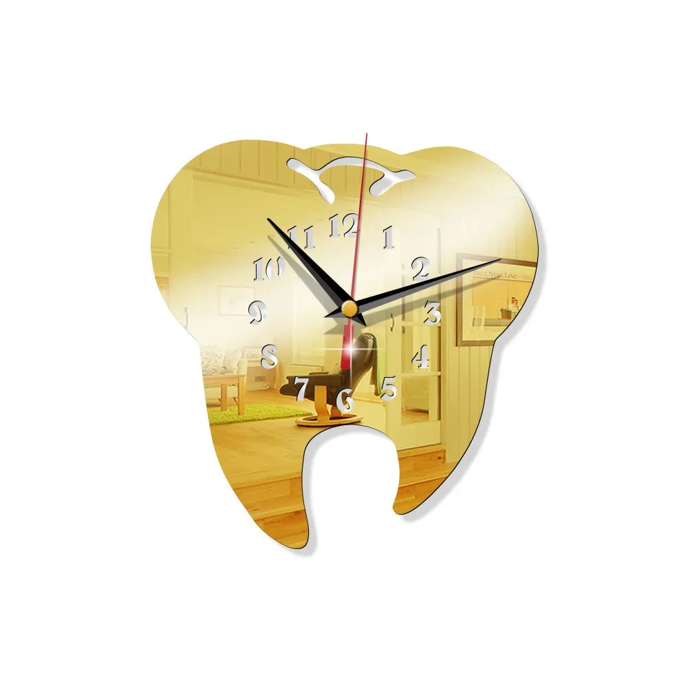 Kreative Zahn Spiegel Wanduhr – DIY Leise Acryl Deko Uhr Kaufschwan® Gold 26.5x25cm