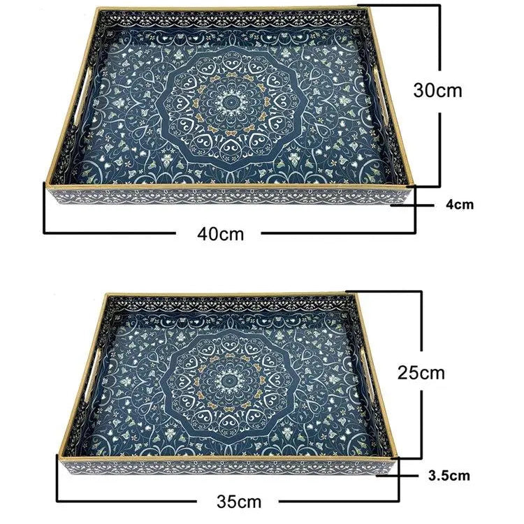 Dekoratives PP Kunststoff-Tablett mit Grünem Muster & Griffen – Rechteckiges Multifunktions-Tablett für Couchtisch & Wohnzimmer Kaufschwan® Set (S+L)