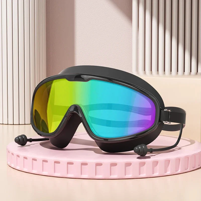 Outdoor Schwimmbrille | Anti-Beschlag Weitwinkel Tauchbrille mit Ohrstöpseln | Wasserdichte Schwimmbrille für Erwachsene & Jugendliche Kaufschwan® Schwarz Reflektierend
