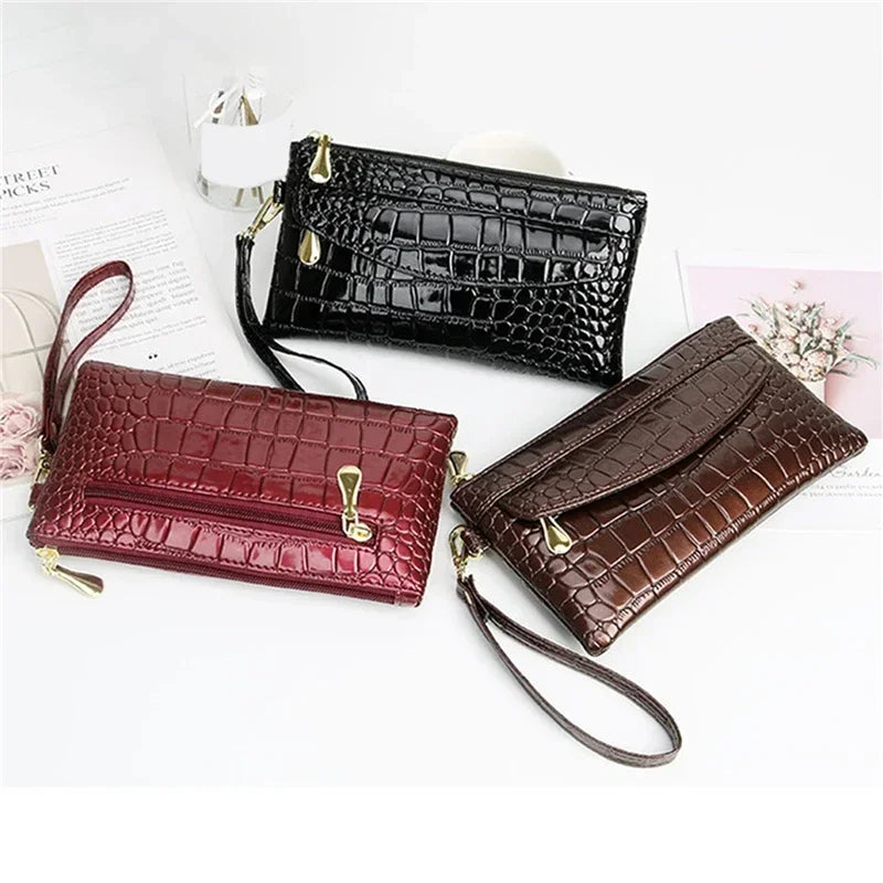 Damen Langbörse aus Leder – Doppelreißverschluss Clutch Tasche | Elegante Krokodil Muster Geldbörse in Rot Kaufschwan®