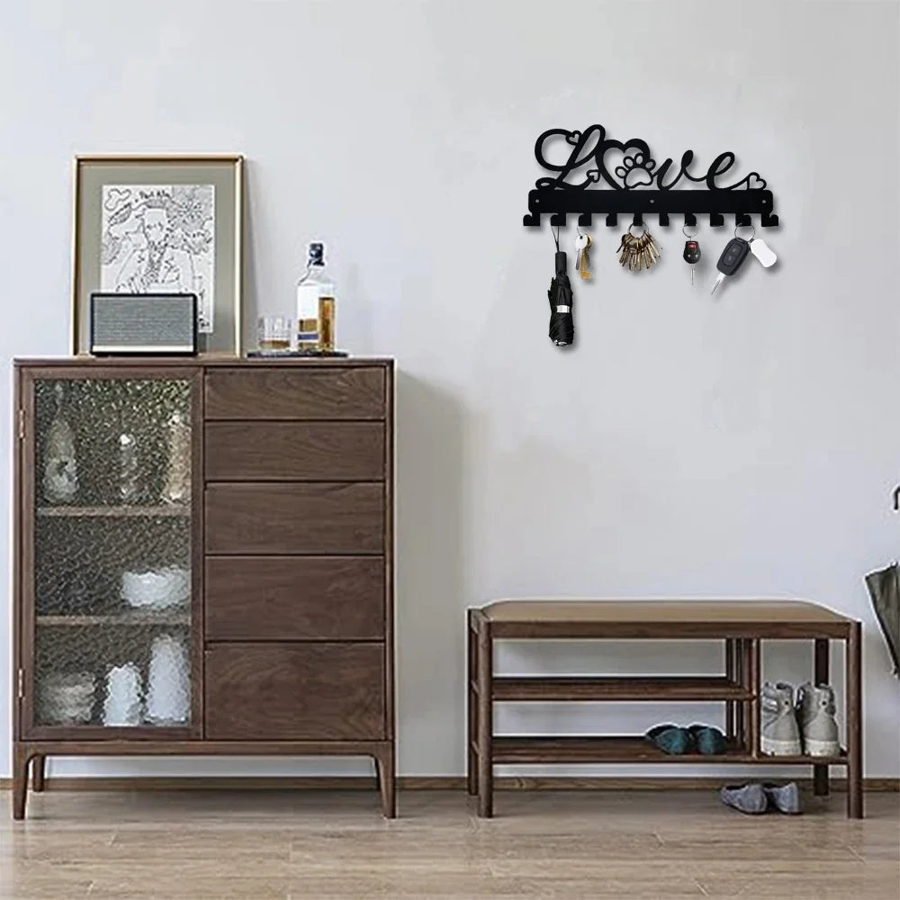 LOVE Metall Schlüsselhalter – Schwarzer Wandhaken aus Eisen mit 10 Haken | Dekorative Organizer-Leiste für Handtücher, Taschen, Kleidung, Caps & Schlüssel Kaufschwan®