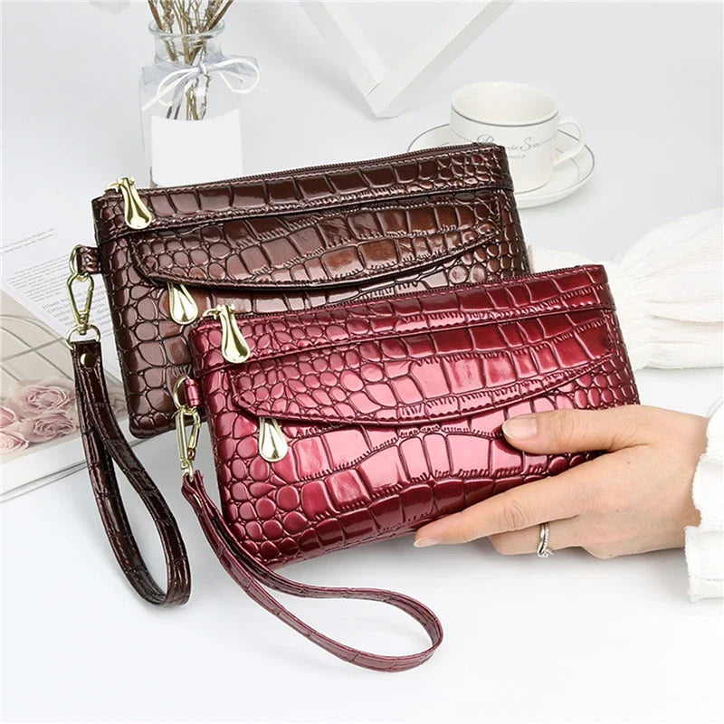 Damen Langbörse aus Leder – Doppelreißverschluss Clutch Tasche | Elegante Krokodil Muster Geldbörse in Rot Kaufschwan®