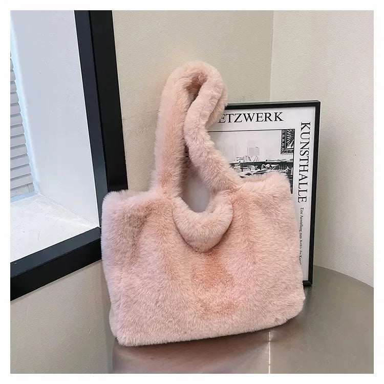 Herbst Winter Plüsch Tote Bag – Damen Modische Schultertasche | Vielseitige weiche Handtasche Kaufschwan® Rosa 35x10x55cm