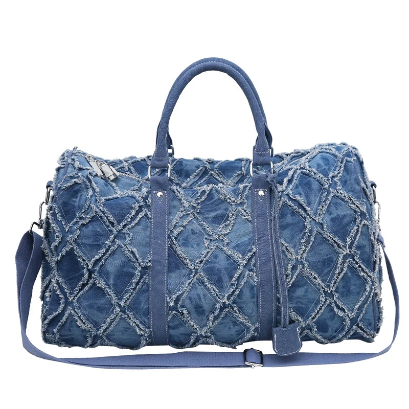 Denim Duffle Bag – Modische Reisetasche Unisex Schultertasche | Freizeit Gym Tasche mit Einzigartigem Ripped Design & Großem Stauraum Kaufschwan® Blau