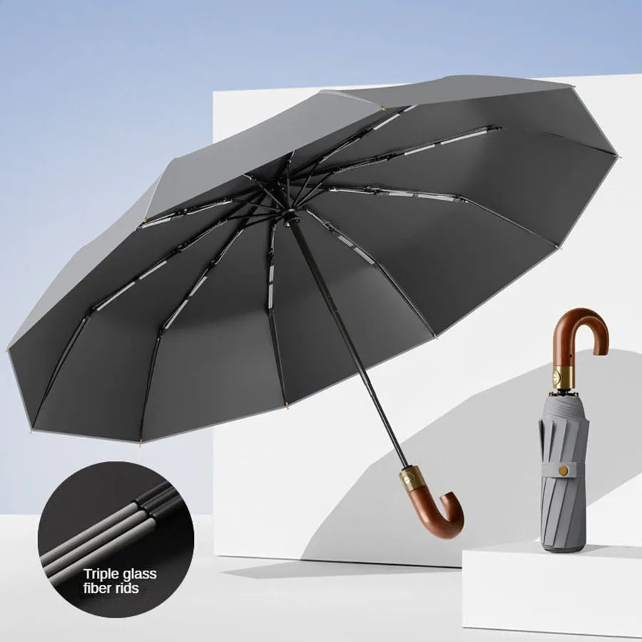 Winddichter UV-Schutzschirm UPF50+ – Automatischer Kompakter Regen- & Sonnenschirm mit Stilvollem Gebogenem Griff Kaufschwan® Dunkelgrau